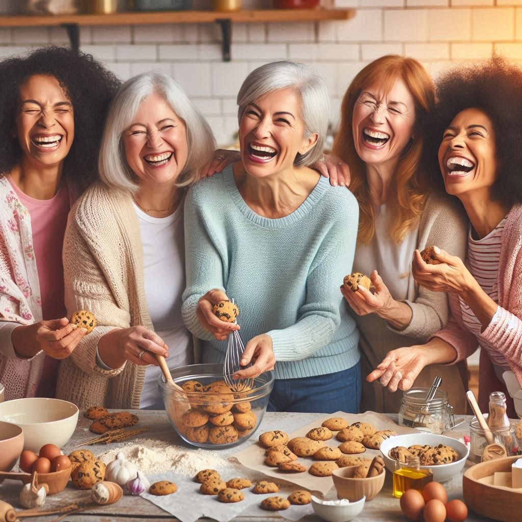 elderly women baking and having a good time