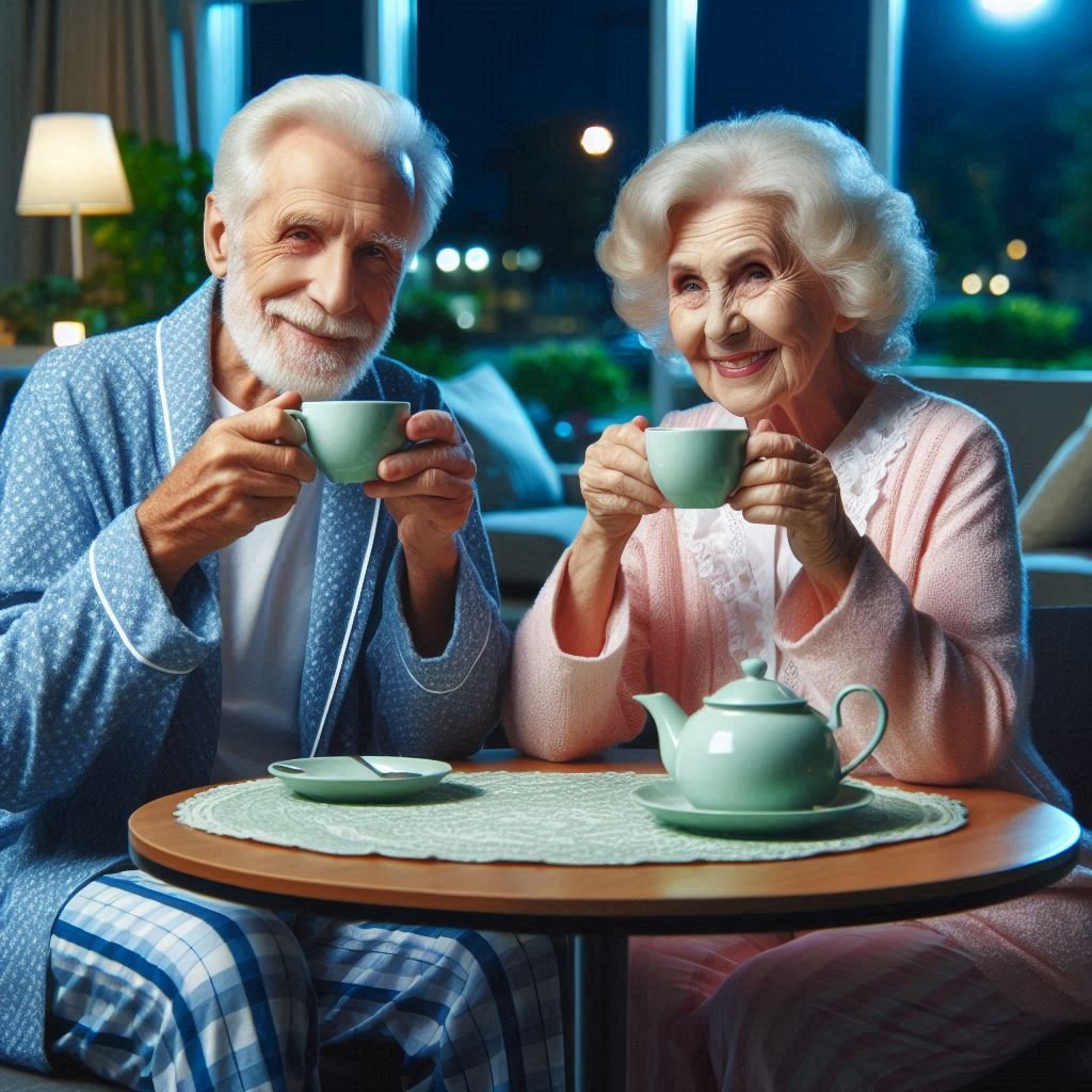 two elderly people sipping tea at a table in a retirement community at night in their pajamas