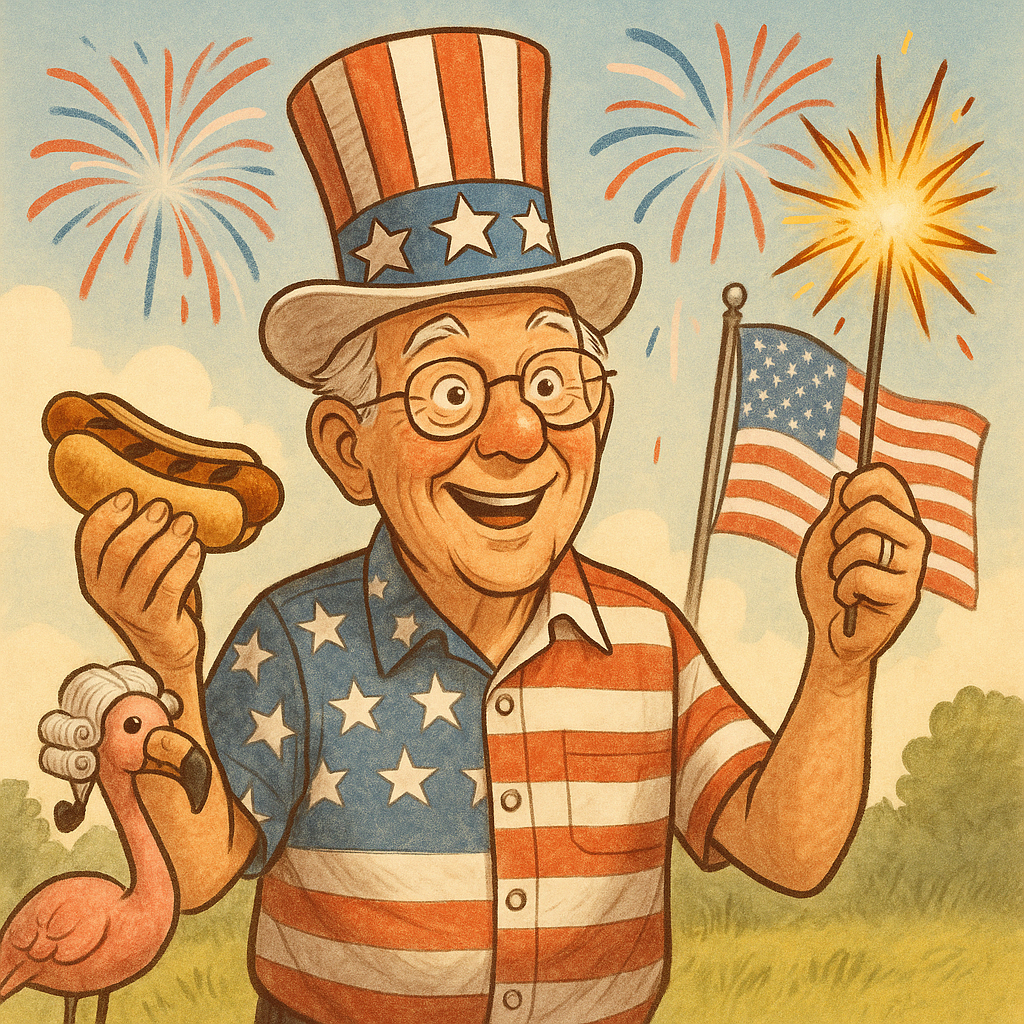 Elderly man with glasses celebrating the fourth of july, dressed in red, white, and blue and holding a sparkler.