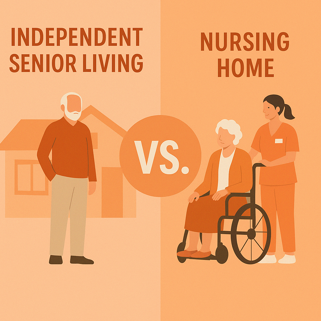 Infographic comparing independent senior living and nursing homes, featuring an older man by a house and an elderly woman in a wheelchair with a caregiver.