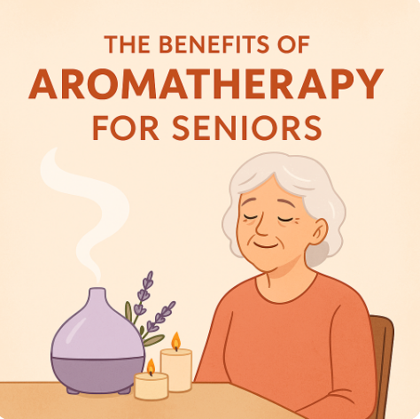 Illustration of a relaxed elderly woman enjoying aromatherapy with a diffuser, candles, and lavender, promoting calmness and wellness for seniors.