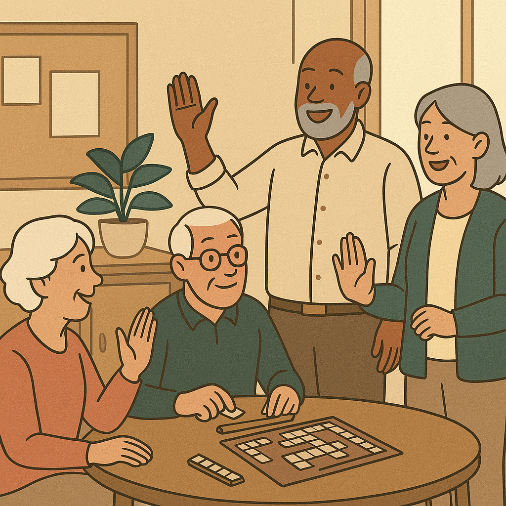 Illustration of four seniors enjoying a game and conversation in a retirement community common area, promoting connection and engagement.