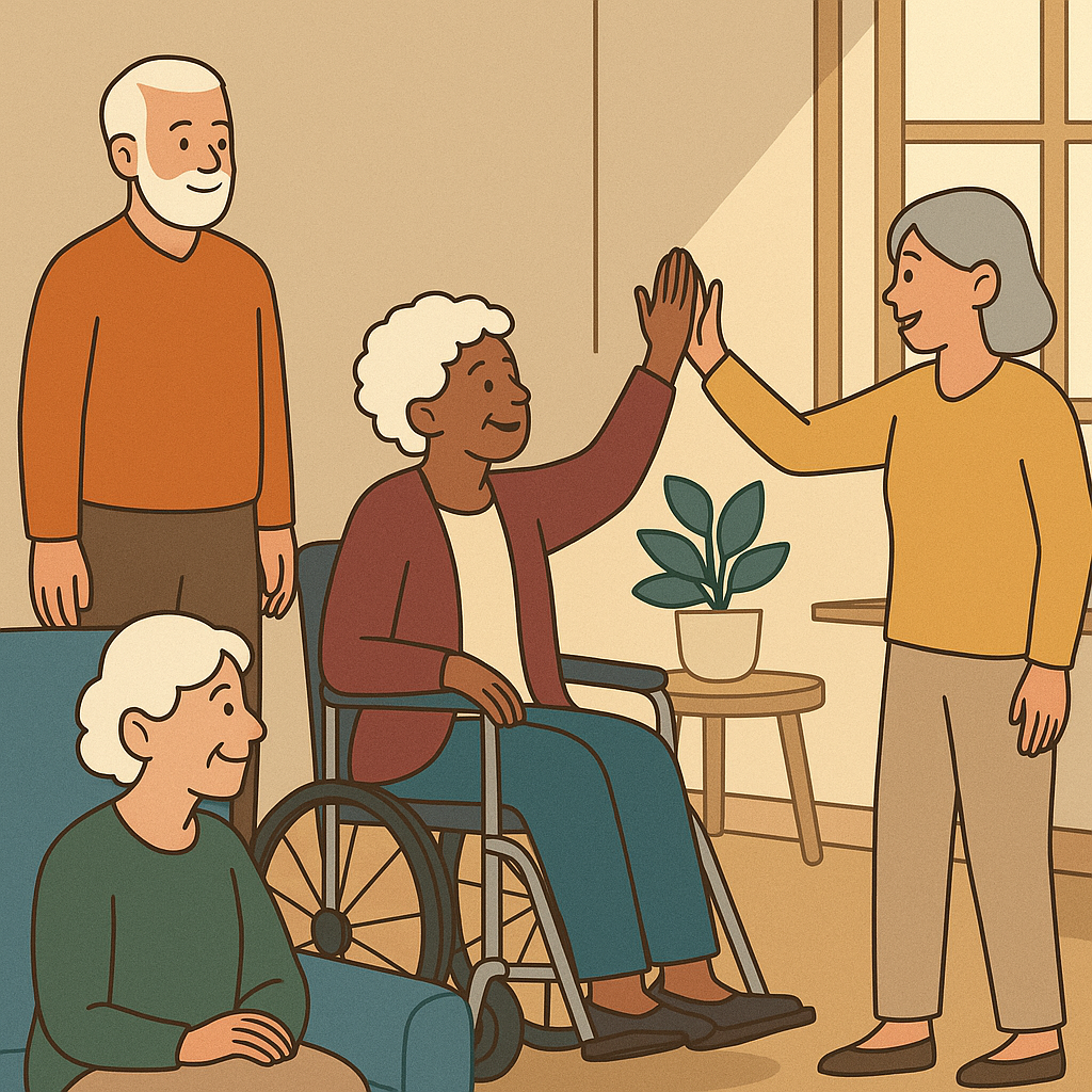 Illustration of three elderly residents in a senior living community enjoying each other’s company, with one woman in a wheelchair high-fiving another resident.