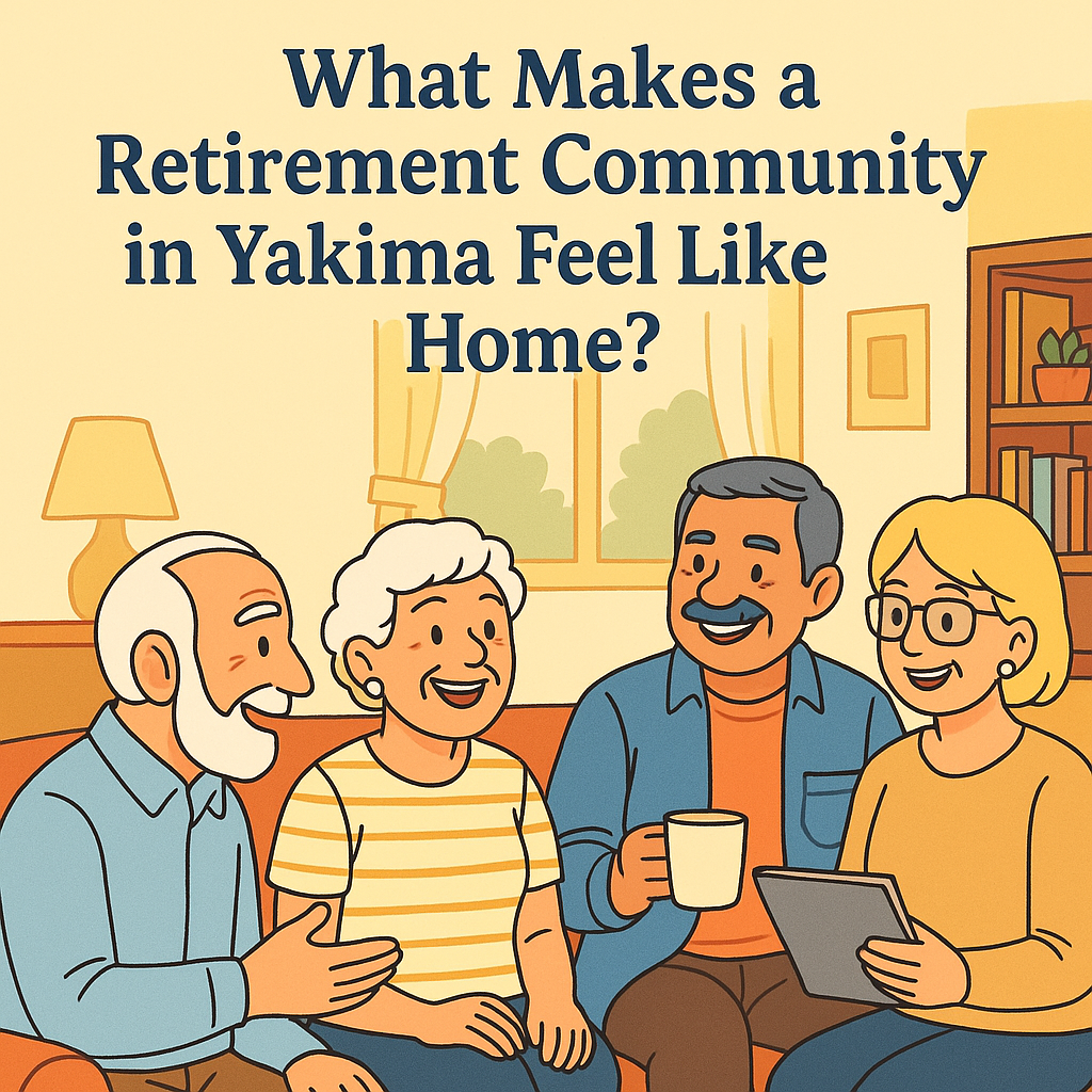 Seniors smiling and socializing in a cozy Yakima retirement community lounge, enjoying coffee and conversation together.