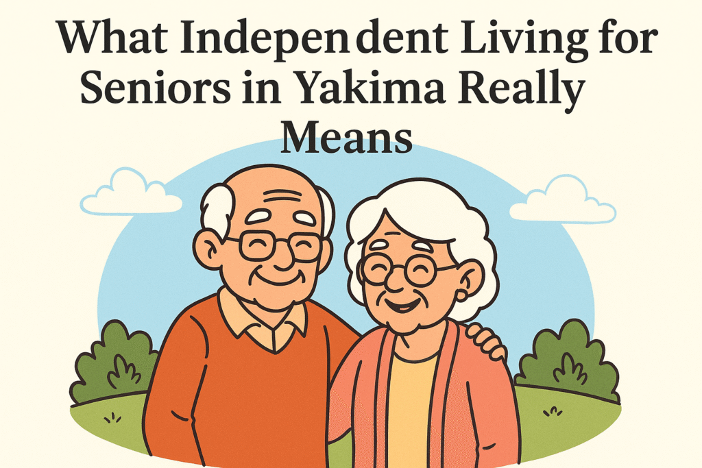 Cartoon illustration of a happy elderly couple outdoors, symbolizing independence, joy, and senior living in Yakima.