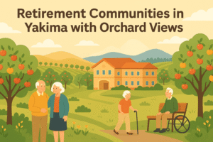 Cartoon illustration of a Yakima retirement community with orchard views, showing seniors walking, sitting on benches, and enjoying apple trees in bloom.