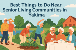 Cartoon illustration of seniors in Yakima enjoying outdoor activities—walking, gardening, exercising, and dining together in a retirement community setting.