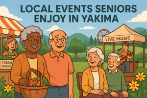 Cartoon illustration of happy seniors in Yakima, Washington, walking through a farmers market, listening to live music, and relaxing in a sunny park with hills in the background.
