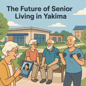 Cartoon illustration of modern senior living in Yakima, showing seniors socializing outdoors with technology, gardens, and Yakima hills in the background.