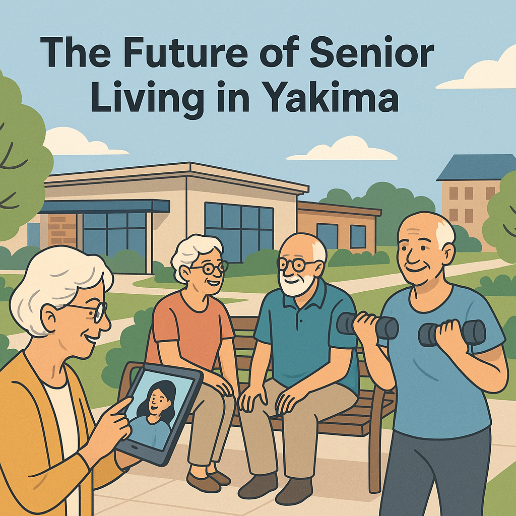 Cartoon illustration of modern senior living in Yakima, showing seniors socializing outdoors with technology, gardens, and Yakima hills in the background.