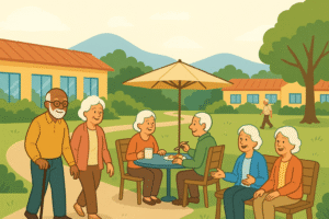 Cartoon illustration of happy seniors enjoying the perks of retirement community living in aYakima retirement community, walking, chatting, and dining outdoors on a sunny day with scenic hills in the background.