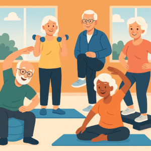 Cartoon illustration of seniors in a Yakima retirement community doing yoga, walking, and chatting outdoors in a sunny garden surrounded by hills and flowers.