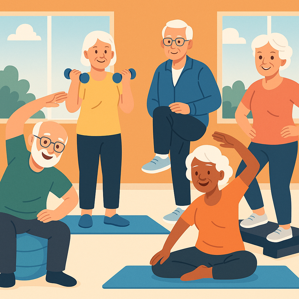 Cartoon illustration of seniors in a Yakima retirement community doing yoga, walking, and chatting outdoors in a sunny garden surrounded by hills and flowers.