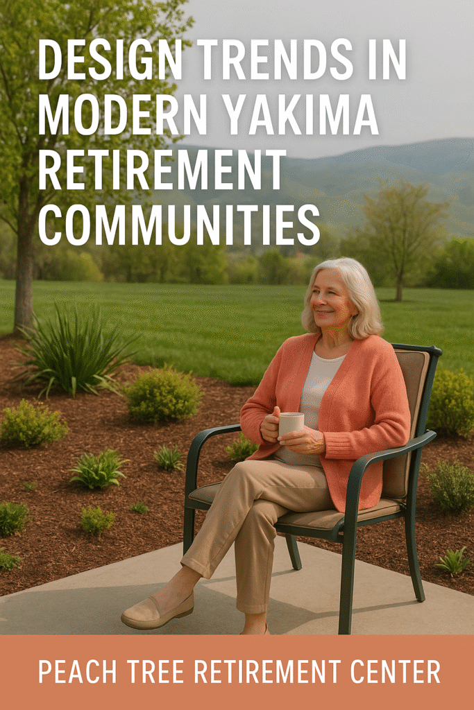 “Senior woman enjoying coffee on patio with landscaped garden at Peach Tree Retirement Center in Yakima.”