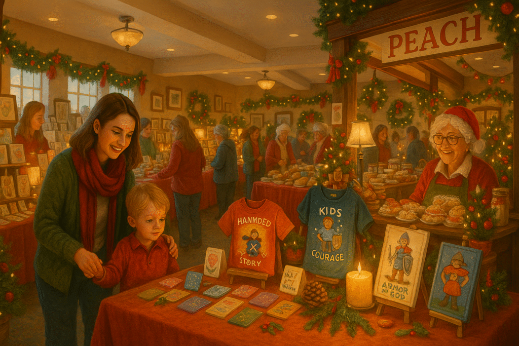 “Festive vendor booths and handmade Christian gifts inside Peach Tree Retirement Center during Yakima’s favorite Black Friday alternative event.”