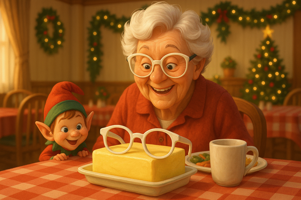 White novelty glasses resting in a festive butter dish, with a mischievous elf peeking nearby during a holiday luncheon at Peach Tree Retirement in Yakima.