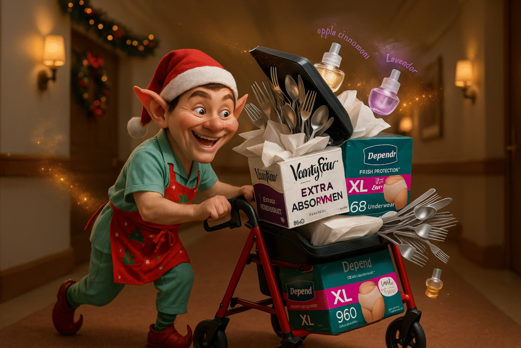 A whimsical Christmas elf pushing a red rollator walker overflowing with silverware, Vanity Fair napkins, Depend underwear, and Air Wick oils in a holiday-decorated senior living hallway.
