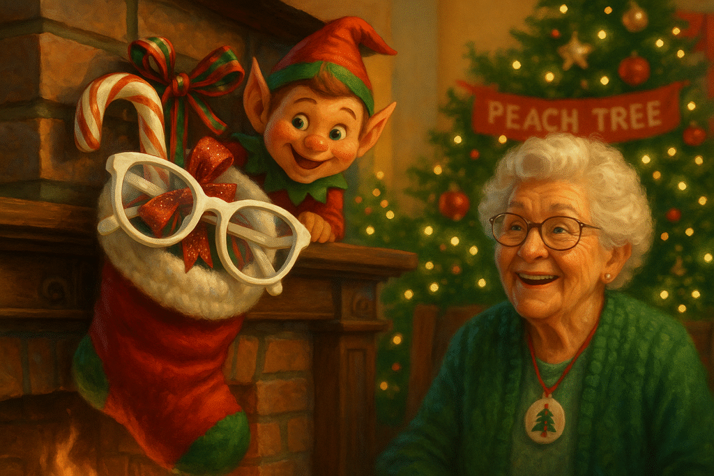 “Mischievous elf peeking over a fireplace mantle while glasses are hidden in a Christmas stocking at Peach Tree Retirement Center’s holiday bazaar.”