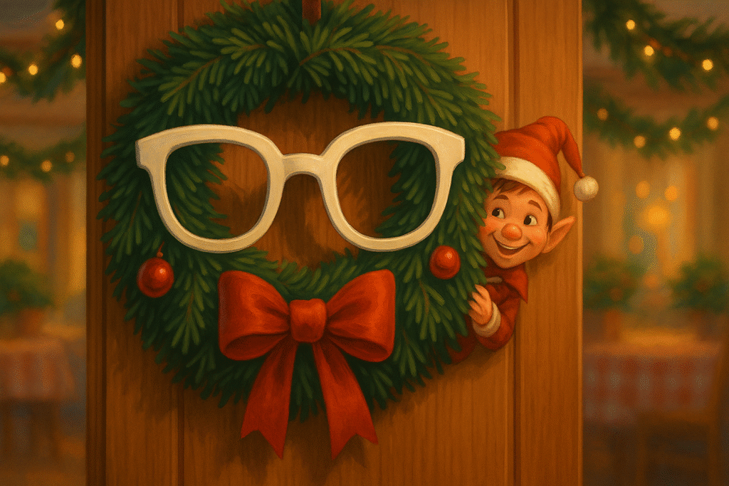 Oversized white glasses hanging in a Christmas wreath with a mischievous elf peeking nearby at Peach Tree Retirement Center’s holiday event in Yakima.