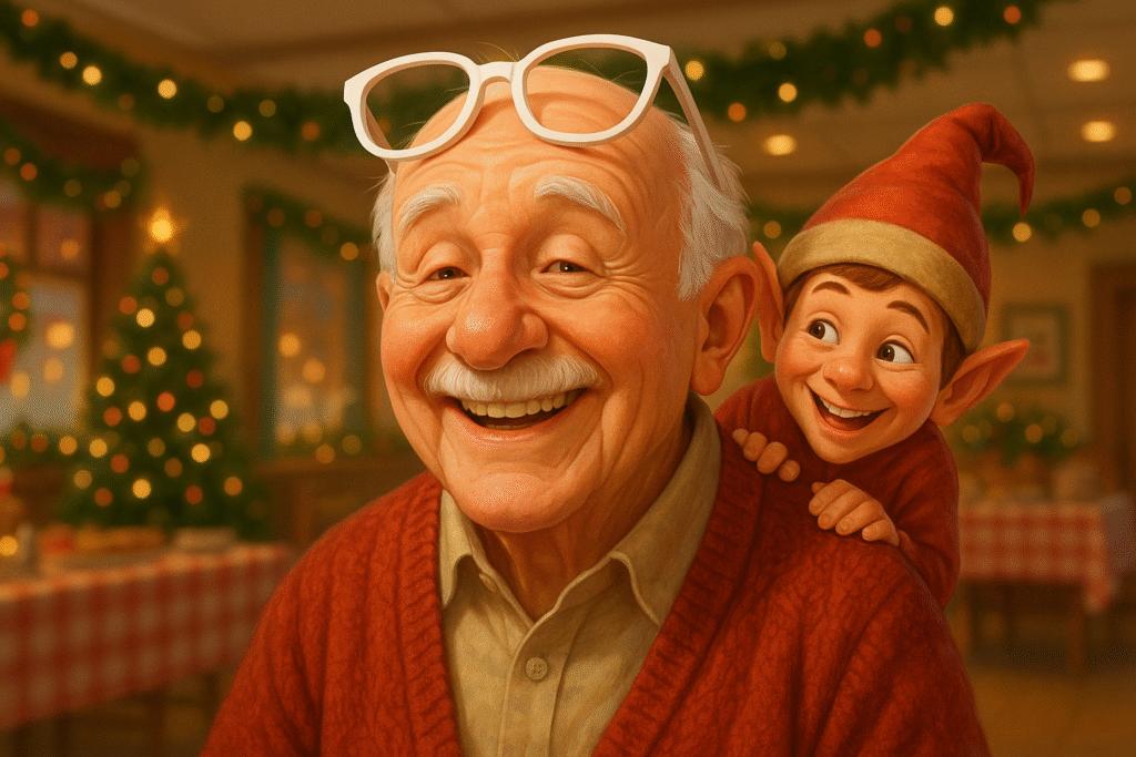 Mr. Jenson with white glasses perched on his head, smiling as the Peach Tree Elf giggles nearby during a festive scavenger hunt in Yakima.