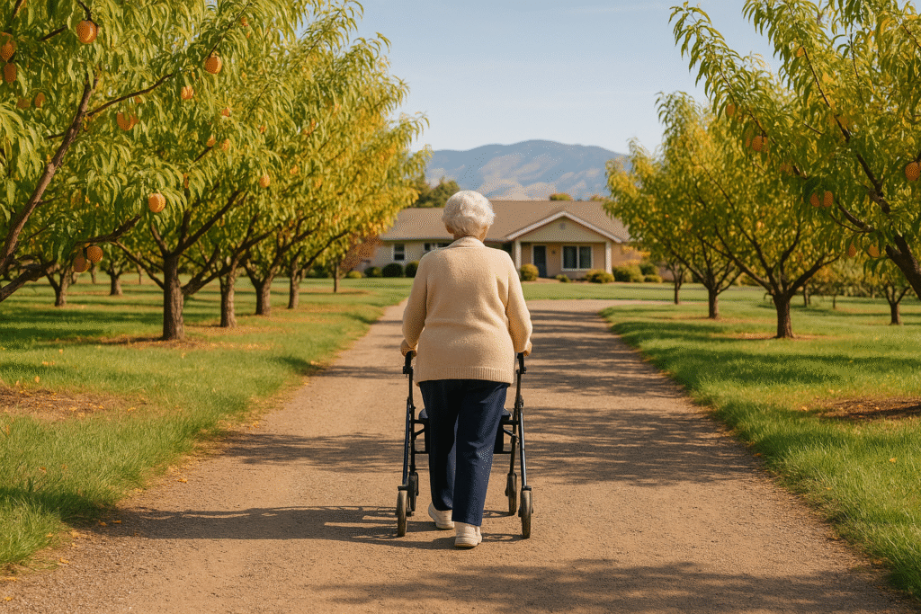“An elderly woman walks along a sunny orchard path at Peach Tree Retirement Center in Yakima, surrounded by peach trees.”