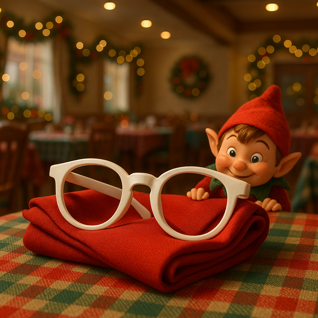 A pair of white novelty glasses folded into a red holiday napkin, with the Peach Tree Elf peeking over a festive table at the retirement center in Yakima.