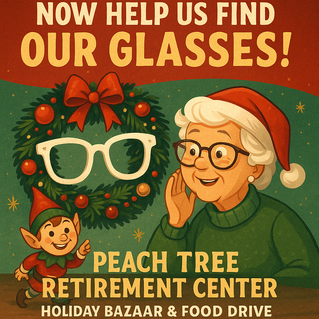 Festive promotional artwork of Peach Tree Retirement Center’s Holiday Bazaar in Yakima, showing cozy décor, holiday lights, vendor booths, and oversized novelty glasses hidden among the decorations with a mischievous elf nearby.