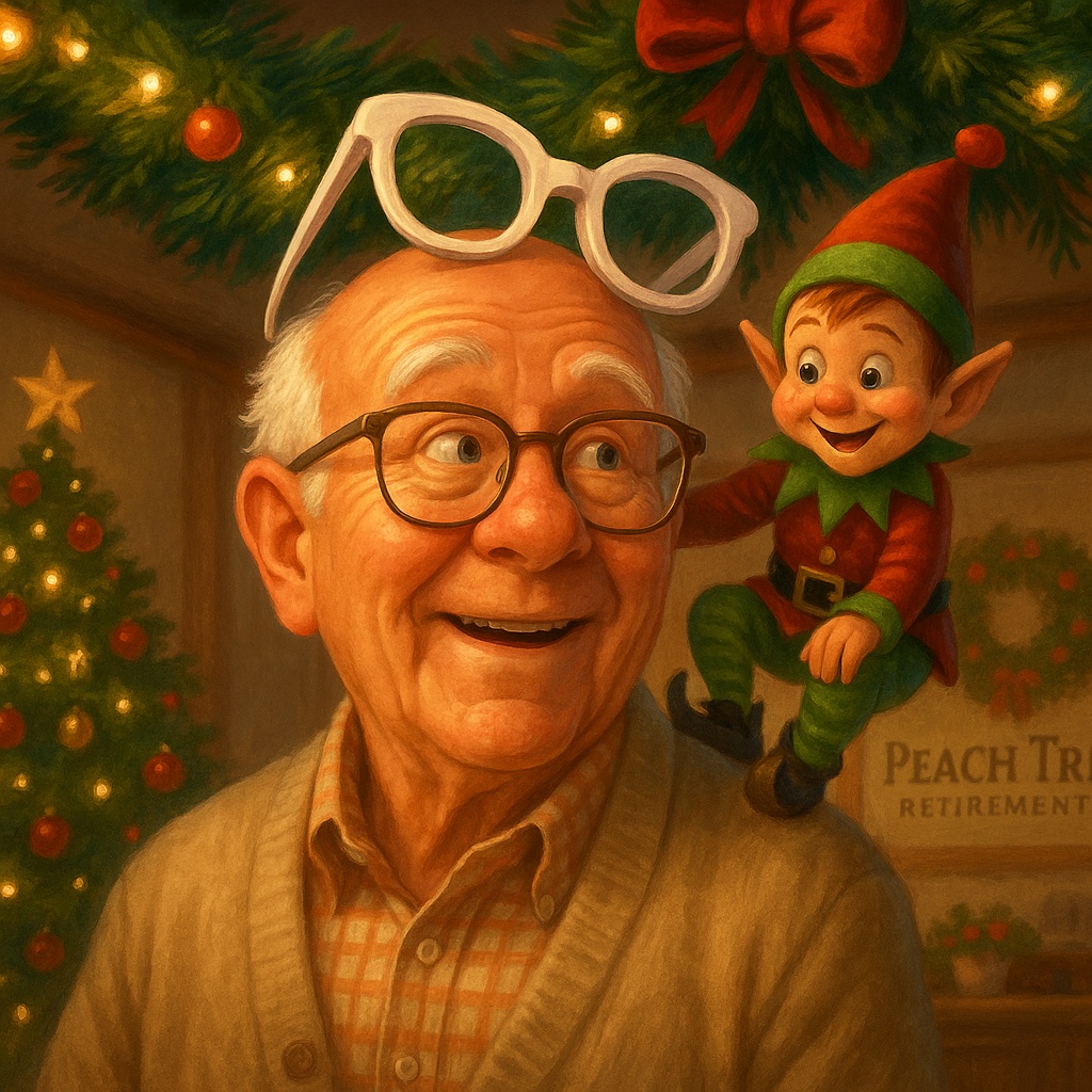 Mr. Jenson smiling with oversized white novelty glasses perched atop his head, while a hidden elf peeks from pine garland during Peach Tree’s holiday event.