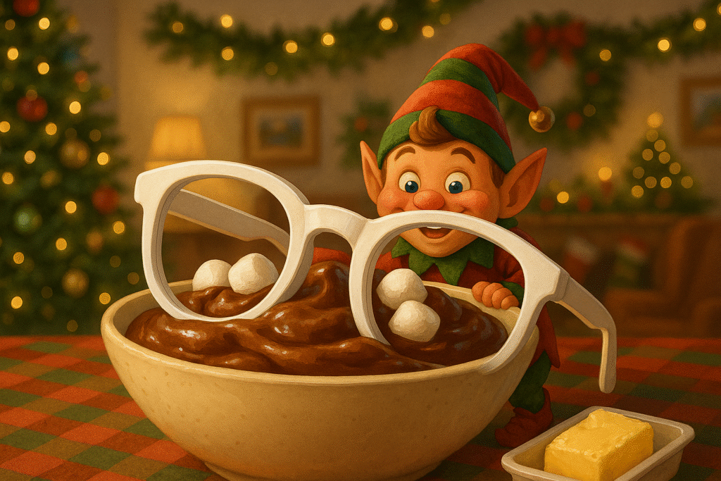 Oversized white novelty glasses half-submerged in a festive bowl of banana pudding, surrounded by toasted marshmallows, with a mischievous Peach Tree Elf peeking from behind the dessert cart in a cozy, holiday-decorated senior living center.