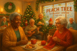 “Warm holiday scene with senior residents enjoying festive activities at Peach Tree Retirement Center in Yakima, showcasing community and care.”