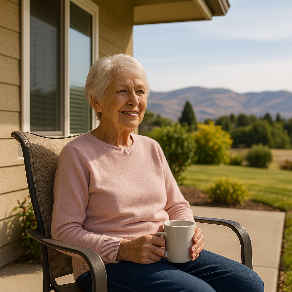 “Senior woman enjoying morning coffee on her patio at Peach Tree Retirement Center in Yakima with hills in the background.”