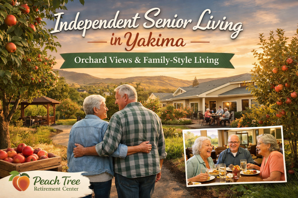 A senior couple walking hand-in-hand along a tree-lined orchard path at Peach Tree Retirement Center in Yakima, with smiling residents dining outside a single-level building at sunset.
