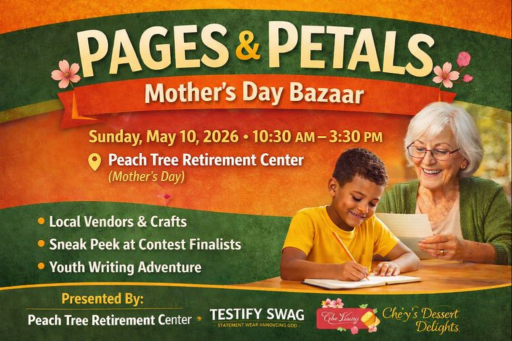 A smiling older woman and young boy read and write together at a wooden table during the Pages & Petals Mother’s Day Bazaar, with event details and logos from Peach Tree Retirement Center, Testify Swag, and Chey’s Dessert Delights.