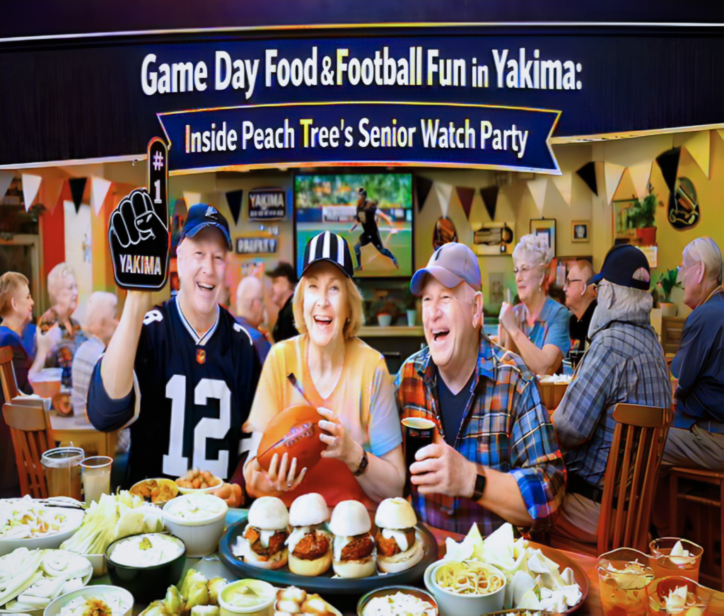 Seniors enjoying game day food and football during Peach Tree’s Senior Watch Party in Yakima, Washington.