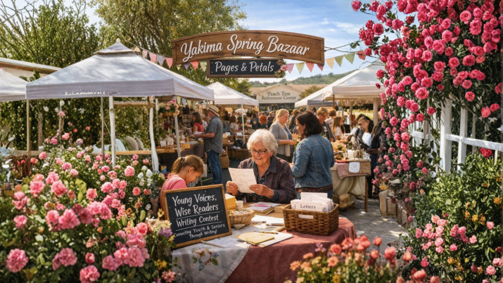 Visitors at the Yakima spring bazaar enjoying the Pages & Petals event, with seniors reading student letters for the Young Voices, Wise Readers contest.