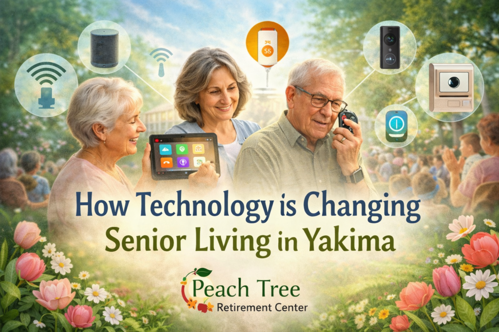 Three older adults engage with modern technology—one video calling, one using a senior-friendly tablet, and one speaking into a smartwatch—surrounded by tech icons and cheerful community members at Peach Tree Retirement Center in Yakima.