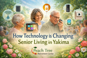 Three older adults engage with modern technology—one video calling, one using a senior-friendly tablet, and one speaking into a smartwatch—surrounded by tech icons and cheerful community members at Peach Tree Retirement Center in Yakima.