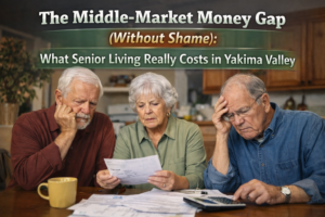 Seniors reviewing household expenses while discussing independent senior living costs in Yakima Valley