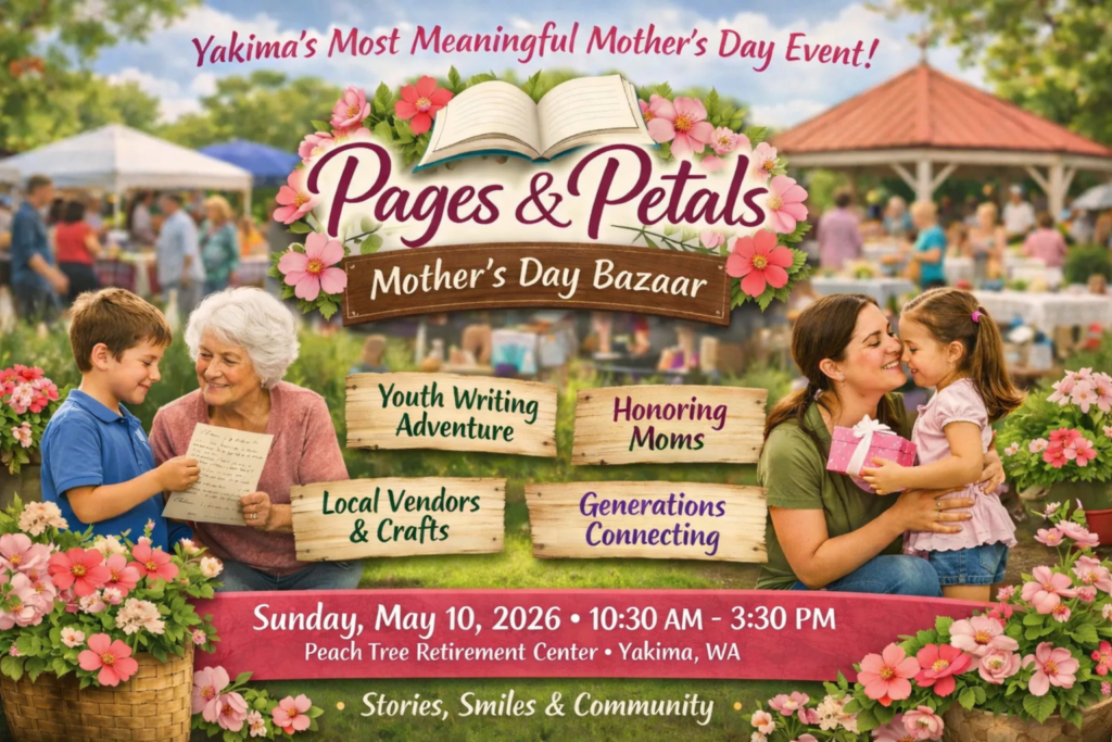 Mother and child hugging at Pages & Petals Mother’s Day Bazaar in Yakima, with seniors and local vendors in the background.