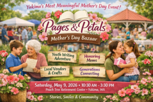 Mother and child hugging at Pages & Petals Mother’s Day Bazaar in Yakima, with seniors and local vendors in the background.