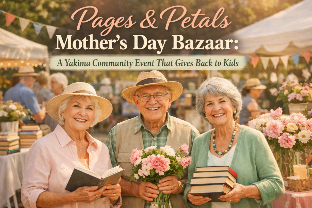 Senior residents and children smiling together at the Pages & Petals Mother’s Day Bazaar, a family-friendly community event in Yakima