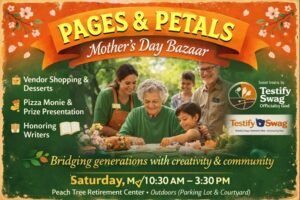 Event flyer for the Pages & Petals Mother’s Day Bazaar featuring multigenerational family smiling at a table with crafts and flowers.