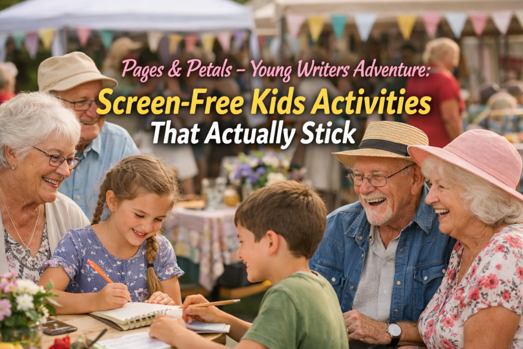 Senior residents smiling with children during a screen-free writing activity at the Pages & Petals Young Writers Adventure in Yakima