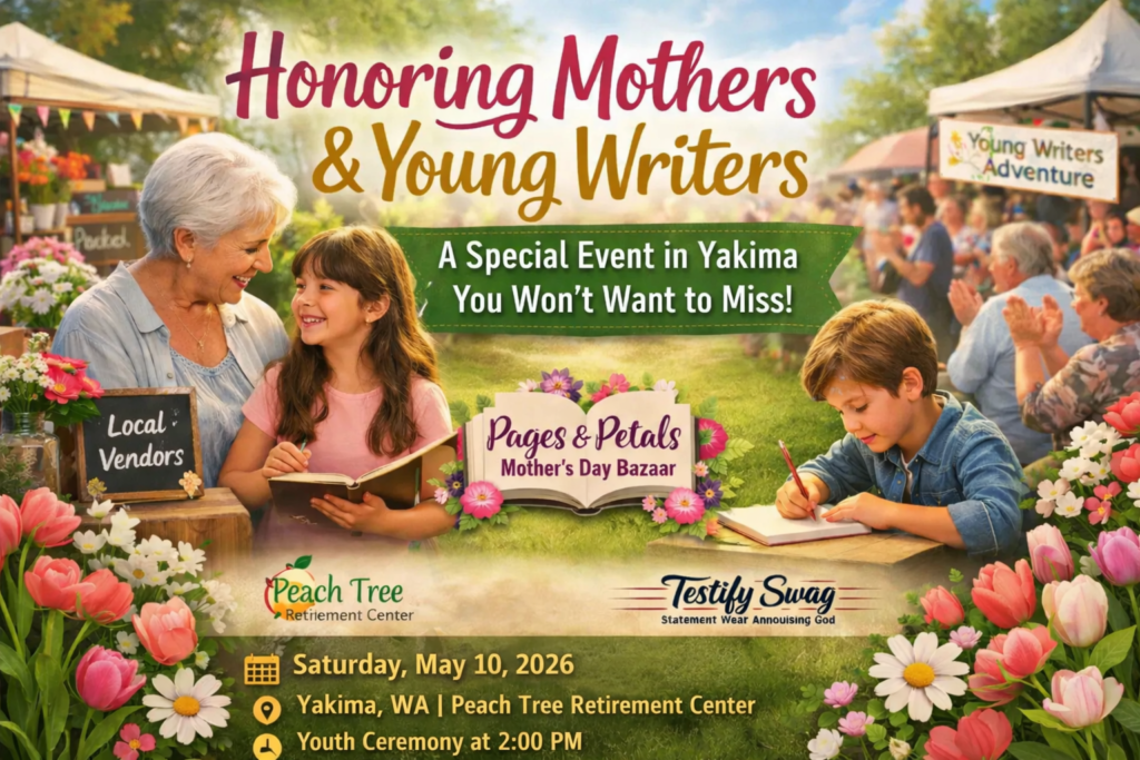 Elderly woman and young girl smile together at the Pages & Petals Mother’s Day Bazaar in Yakima, while a young boy writes nearby and families cheer in the background at a youth writing celebration.