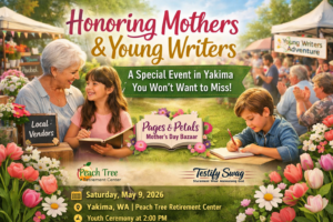 Elderly woman and young girl smile together at the Pages & Petals Mother’s Day Bazaar in Yakima, while a young boy writes nearby and families cheer in the background at a youth writing celebration.