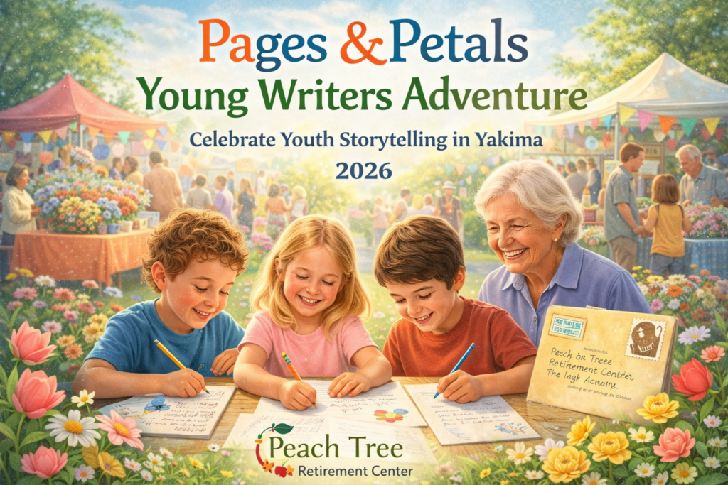 Three smiling children sit at a table writing and drawing outdoors with an elderly woman beside them, while families browse vendor booths in the background at the Pages & Petals Young Writers Adventure in Yakima.