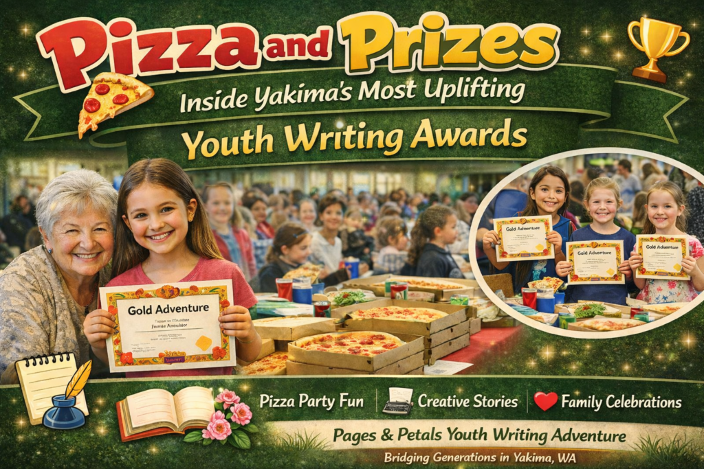 Digital promotional graphic for Yakima’s Youth Writing Awards, showing smiling children holding "Gold Adventure" certificates alongside pizza boxes and cheering families. Text reads: “Pizza and Prizes: Inside Yakima’s Most Uplifting Youth Writing Awards.”