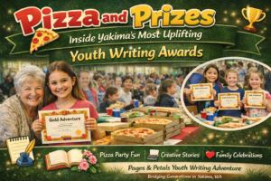Digital promotional graphic for Yakima’s Youth Writing Awards, showing smiling children holding "Gold Adventure" certificates alongside pizza boxes and cheering families. Text reads: “Pizza and Prizes: Inside Yakima’s Most Uplifting Youth Writing Awards.”
