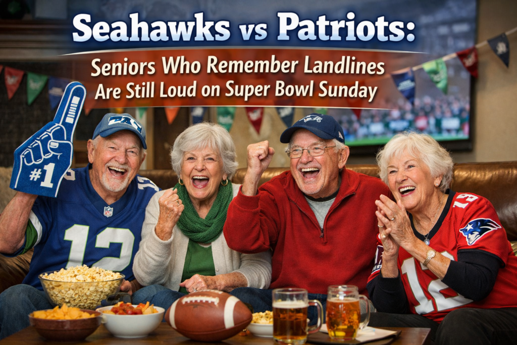 Senior residents cheering during Seahawks vs Patriots Super Bowl Sunday in an independent senior living community in Yakima