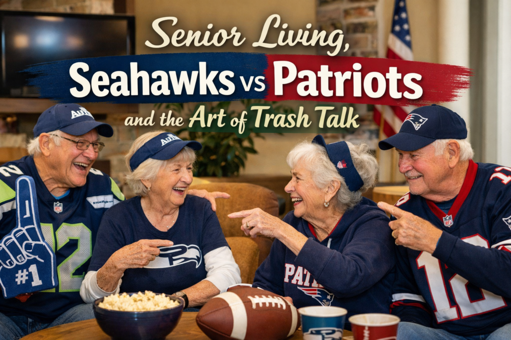 Senior citizens laughing and pointing while watching Seahawks vs Patriots football game in an independent senior living community